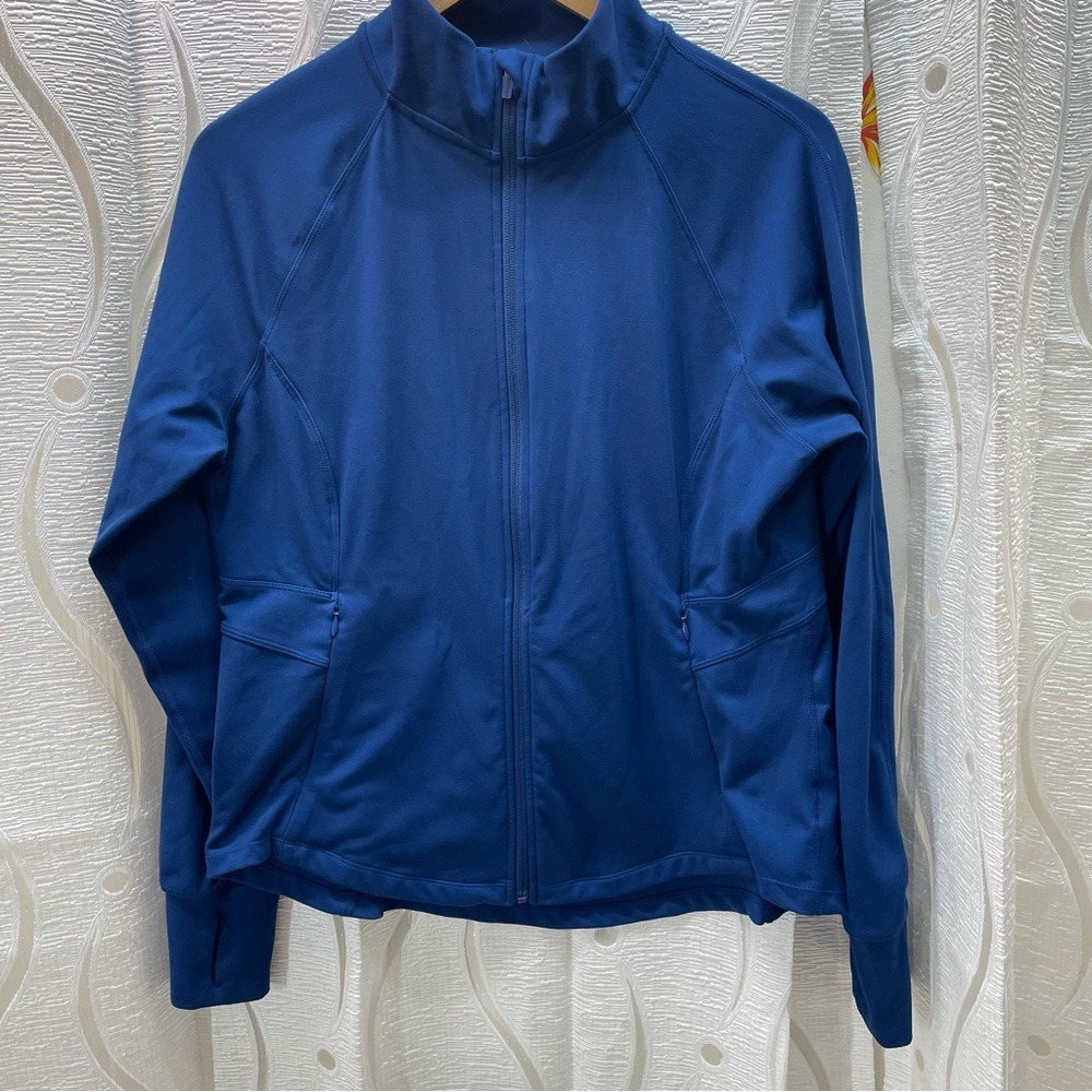 Danskin‎ Full Zip Performance Jacket Womens Large Blue Good Thumbholes Mock Neck